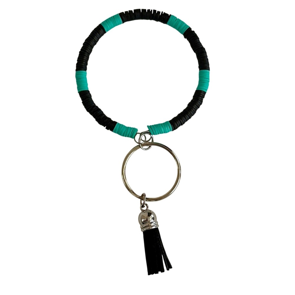 Handcrafted Teal and Black Heishi Bead Wristlet Keychain with Tassel Accessory